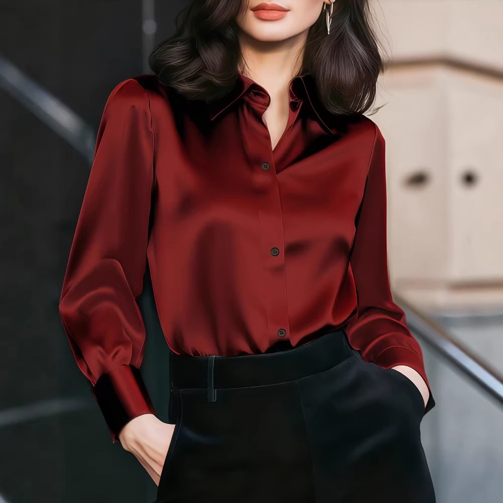 Women Satin Lapel Collar Blous - Women Formal Wear Shirts 评论和价格