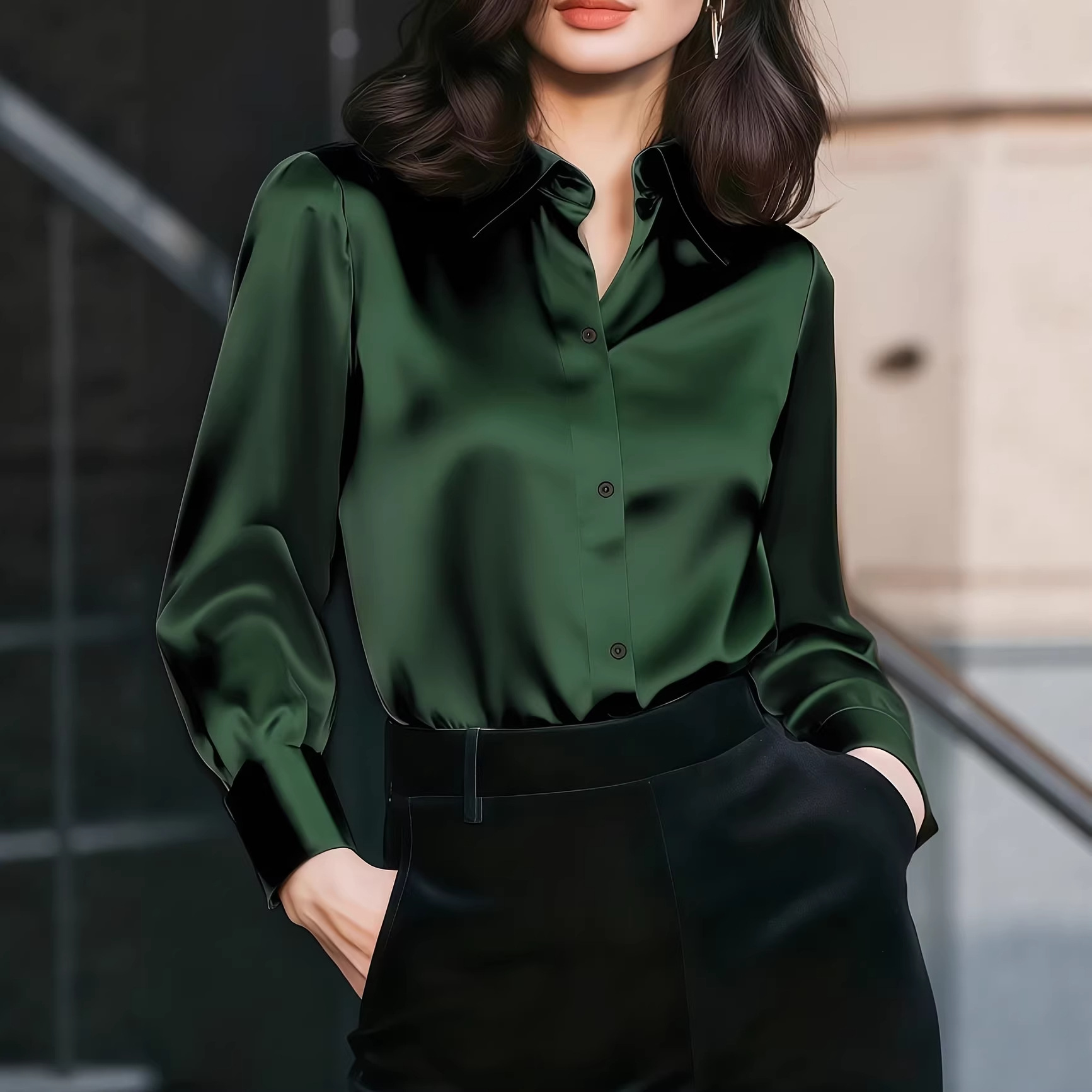 Women Satin Lapel Collar Blous - Women Formal Wear Shirts 评论和价格